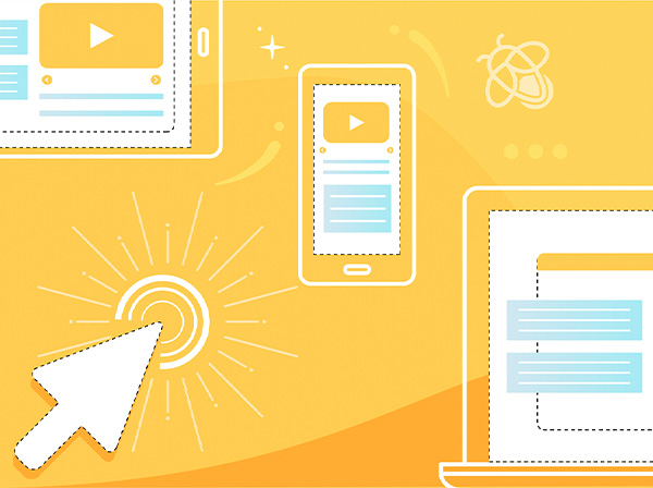 A graphic featuring multimedia icons such as a play button and mobile devices symbolizing interactive digital learning and remote education access.