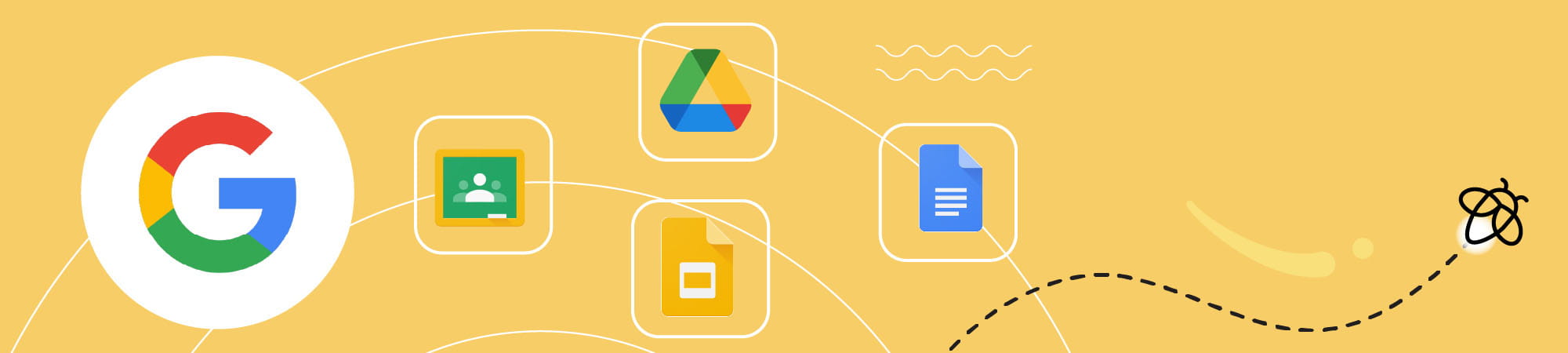Graphic showing Lumio's integration with Google, highlighted by a network connecting the Google logo to icons for Google Drive, Google Slides, and a document.