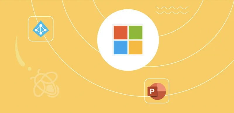 Graphic representing Lumio's compatibility with Microsoft products including Windows, Azure, and PowerPoint on a vibrant yellow backdrop.