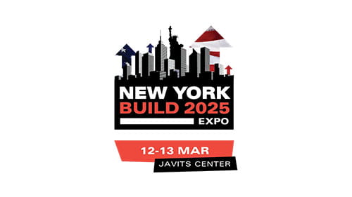 Logo for New York Build 2025 Expo with skyscrapers and event date.