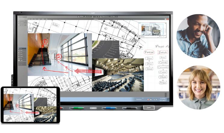 A diverse team engaged in a collaborative project using a SMART Interactive display that mirrors content to a tablet, enhancing teamwork and project management.