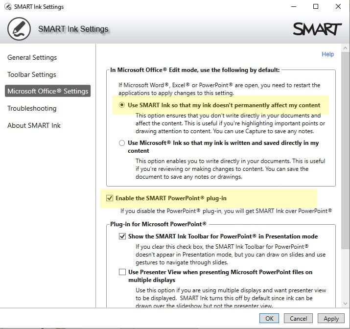 Screenshot of SMART Ink's Microsoft Office settings with options to use SMART Ink without affecting content permanently, enable the SMART PowerPoint plug-in, and show the SMART Ink toolbar in presentation mode.