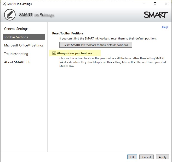 Screenshot of SMART Ink's toolbar settings showing the option to always display pen toolbars and reset toolbar positions to their default settings.