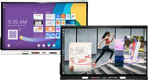 Variety of SMART board displays showcasing educational and business applications with vibrant and interactive screens.