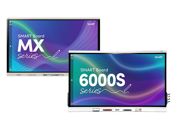 An image featuring two SMART boards. On the left is the MX SMART board, and on the right is the 6000s SMART board.