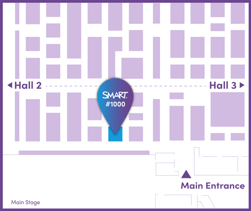 Map of ISTE 2025 exhibit hall showing SMART Technologies at booth #1000 near Hall 2 and Hall 3.