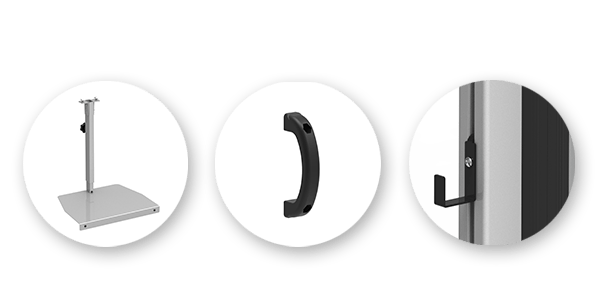 A laptop shelf attachment for SMART Electric Height-Adjustable Stands, featuring built-in handles and cord hooks for convenient cable management.