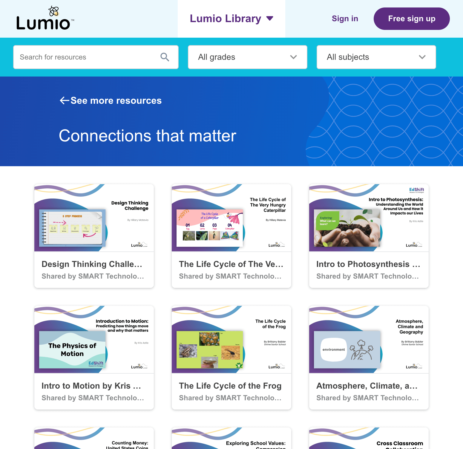 Screenshot of the Lumio library homepage showcasing educational resources for various grades and subjects, including topics like design thinking, life cycles, and climate.