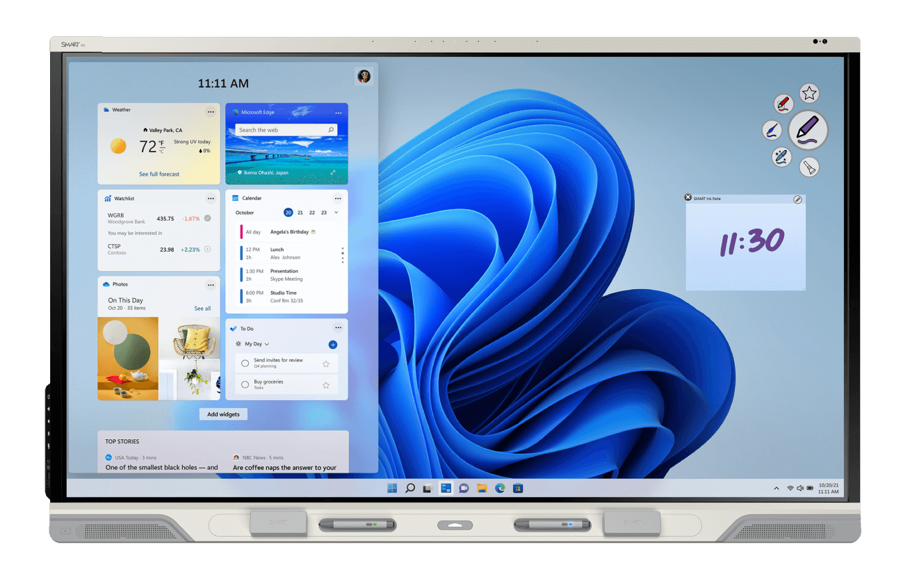 RX Series SMART Board showing a desktop interface with a vibrant wallpaper, weather widget, and various productivity apps and tools.
