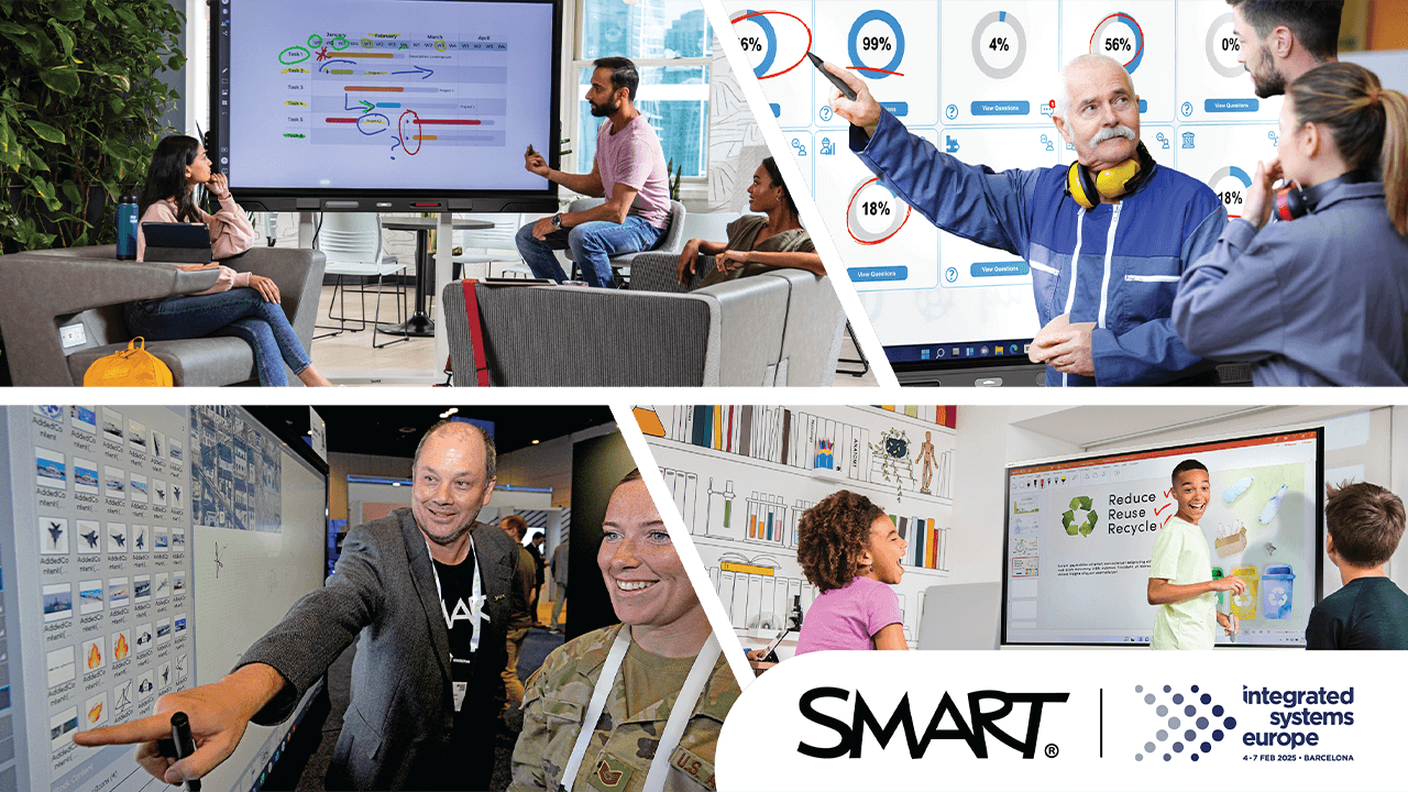 Collage of SMART Board use cases, featuring a collaborative meeting, industrial training, an exhibition demo, and a classroom session, with the SMART and Integrated Systems Europe (ISE) logos.