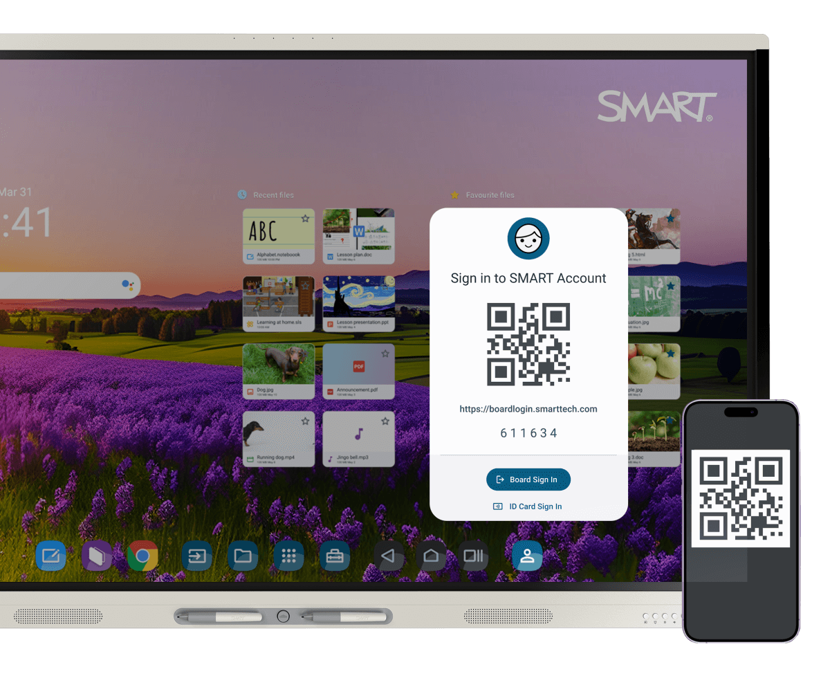 A SMART Board MX display screen showing a sign-in prompt for a SMART Account with a QR code for easy access, while a smartphone mirrors the QR code, symbolizing convenient connectivity options for users.