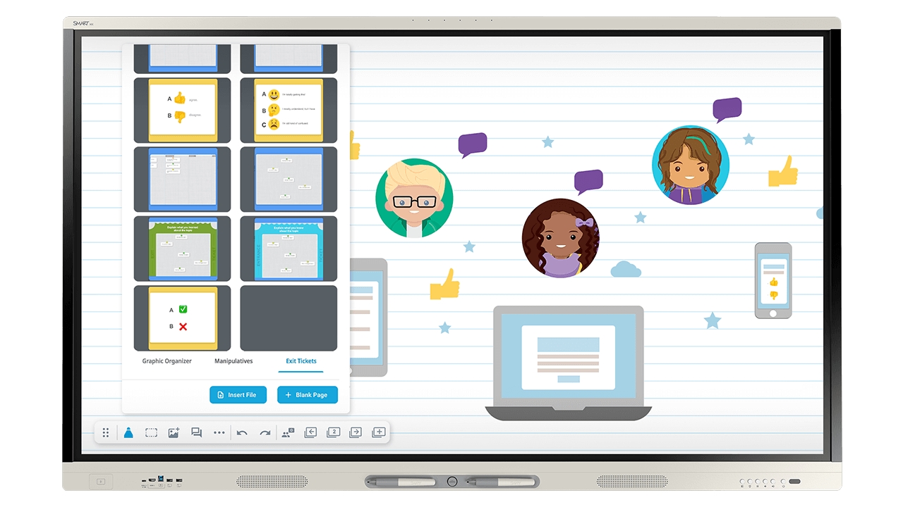 An interactive SMART Board display shows an educational software interface with cartoon avatars, offering a variety of student engagement tools like quizzes and opinion polls.