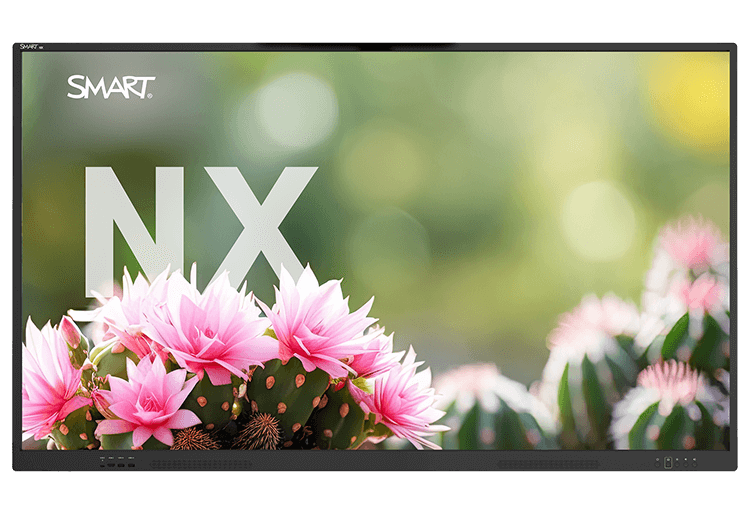 SMART Board NX display featuring a high-resolution image of pink cactus flowers against a green blurred background.