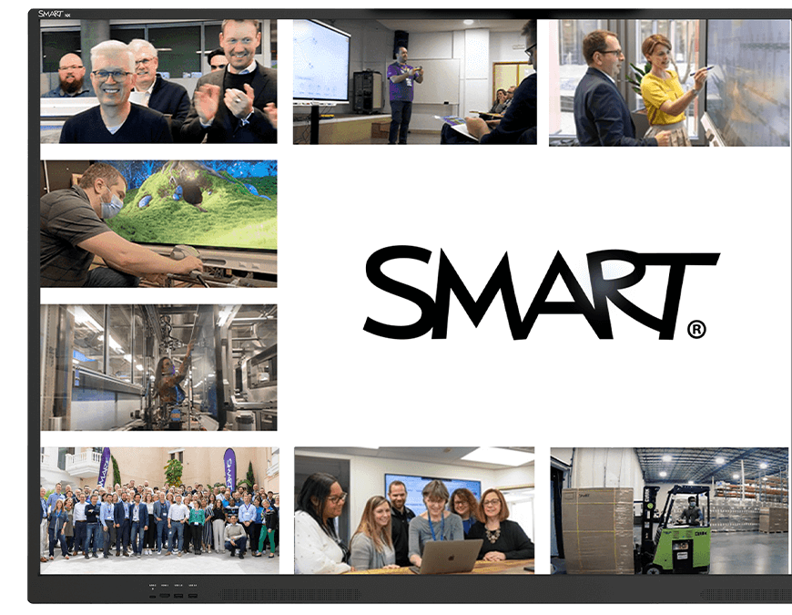 SMART board NX series showing a collage of corporate events and community engagement activities, highlighting teamwork and collaboration.