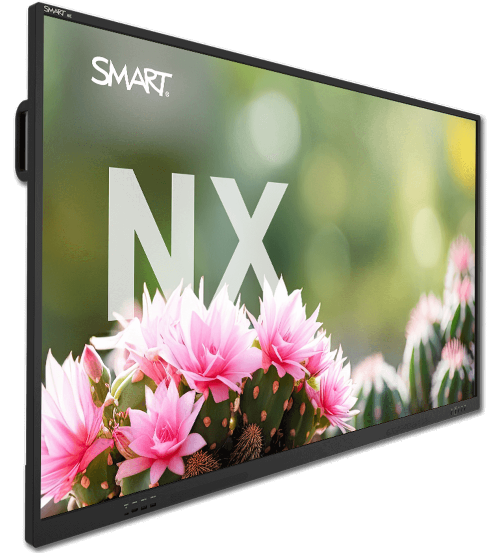 Angled left view of the SMART board NX series non-interactive display showcasing pink cactus flowers.