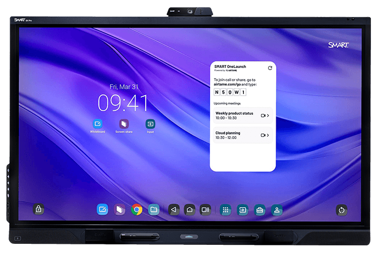 SMART Board QX Pro series with SMART OneLaunch interface for meetings and collaboration.