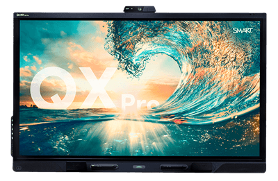 QX Pro SMART Board for business meetings, featuring a vibrant image of a cresting ocean wave under a sunset, symbolizing dynamic and powerful business solutions.