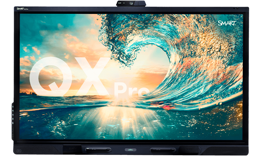 SMART Board QX Pro for business meetings, featuring a vibrant image of a cresting ocean wave under a sunset, symbolizing dynamic and powerful business solutions.