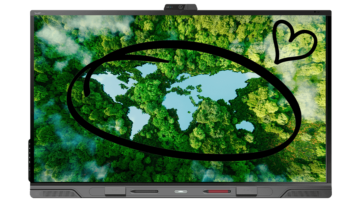 SMART interactive display showing a forest landscape with a water body shaped like continents and a heart drawn in the corner.