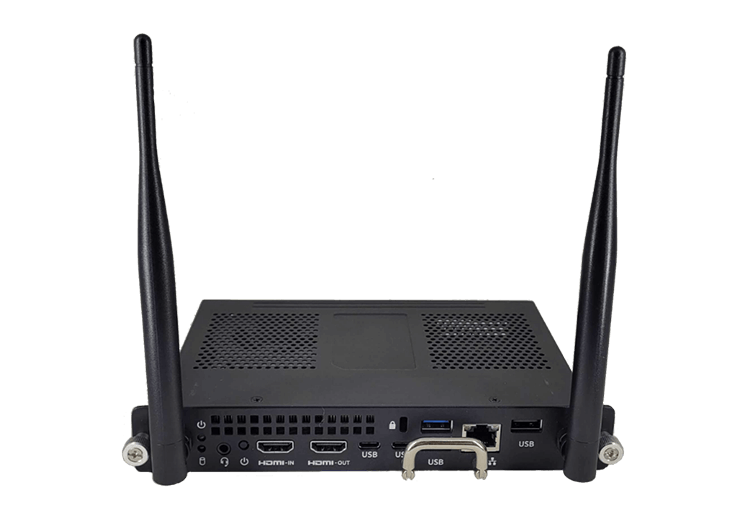 A detailed view of the SMART OPS PC Module, equipped with external antennas and multiple ports for versatile connections.