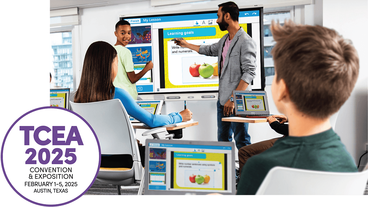 Teacher interacting with students using a SMART Board for a Lumio lesson. Students are engaged, working on laptops that display the same lesson. TCEA 2025 event logo is visible in the bottom corner.