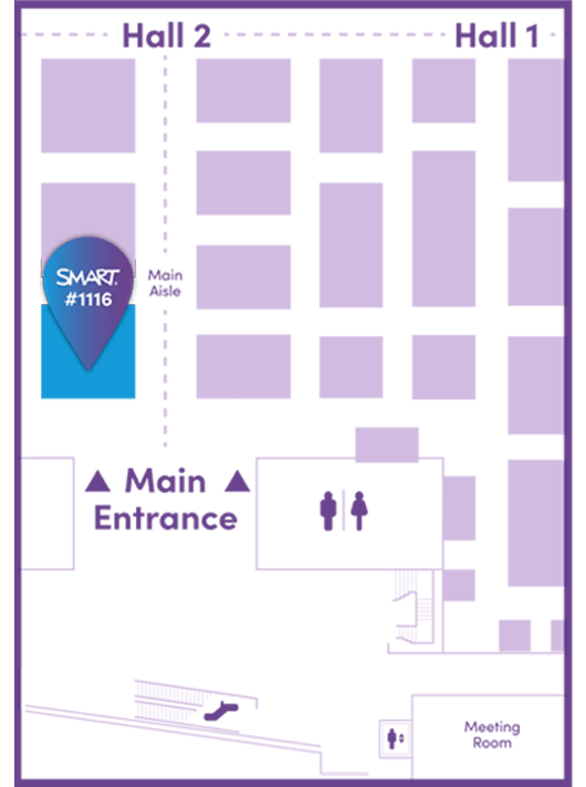 Floor plan for TCEA 2025 Convention showing the location of the SMART booth at #1116, near the main entrance and hallways. Restrooms and meeting rooms are also marked on the map.