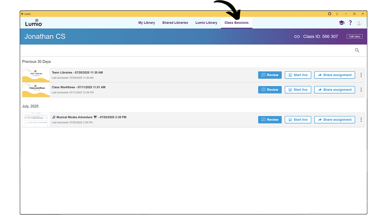 Lumio visual showing a link to class sessions
